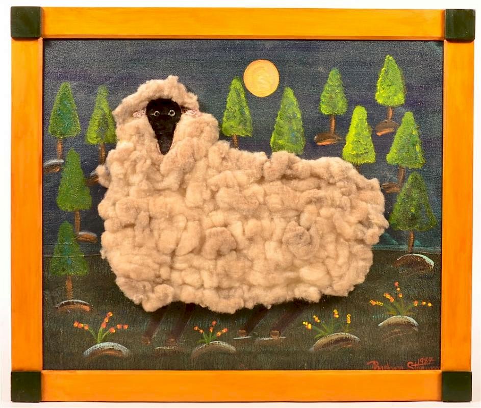 Appraisal: Barbara Strawser Mixed Media Sheep Painting Unusual Barbara Strawser Mixed