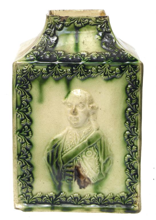 Appraisal: A STAFFORDSHIRE CREAMWARE TEA CANISTER moulded with portraits of George