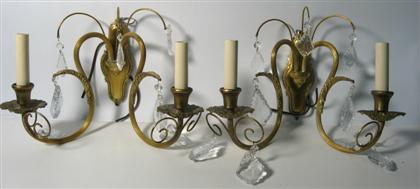 Appraisal: Pair of gilt metal french sconces with hanging prisms H