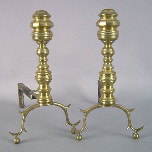 Appraisal: Pair of Federal brass andirons ca together with tongs and