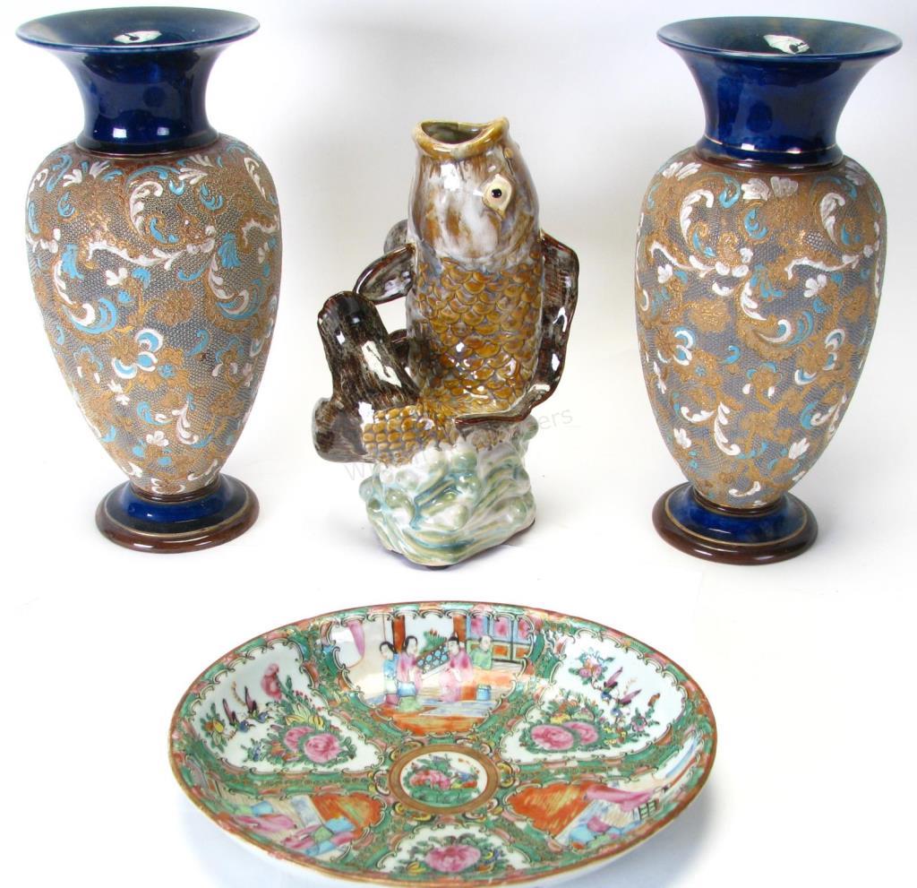 Appraisal: Group of Decorated Pottery and Porcelain Lambeth four pieces total