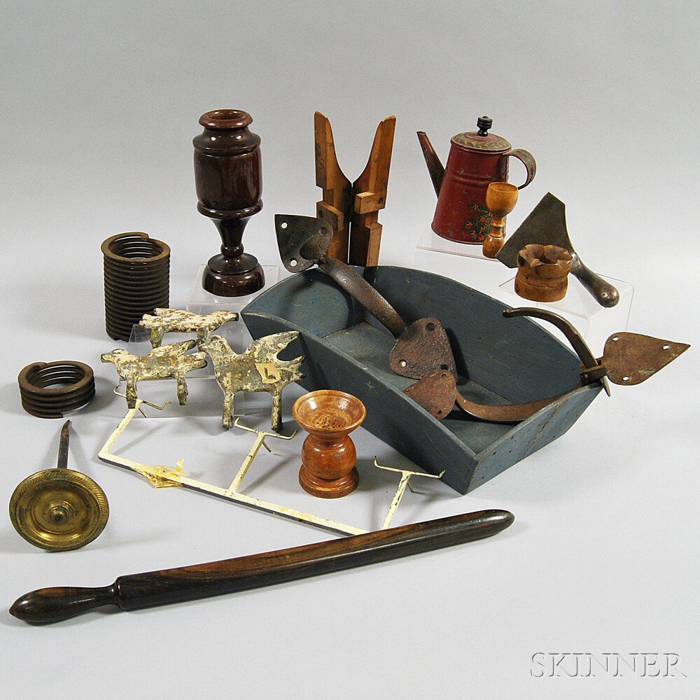 Appraisal: Group of Wooden and Metal Objects including a treen shaker