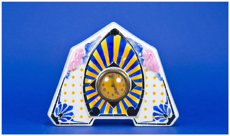 Appraisal: French Art Deco Ceramic Mantle Clock Decorated with a Sunburst