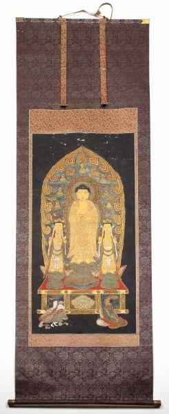 Appraisal: Chinese Buddhist Scroll PaintingMing Dynasty Guanyin with acolytes and worshippers