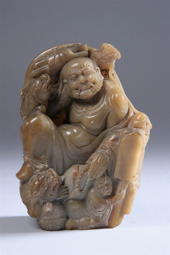 Appraisal: CHINESE SOAPSTONE FIGURAL GROUP Early th century Carved to depict