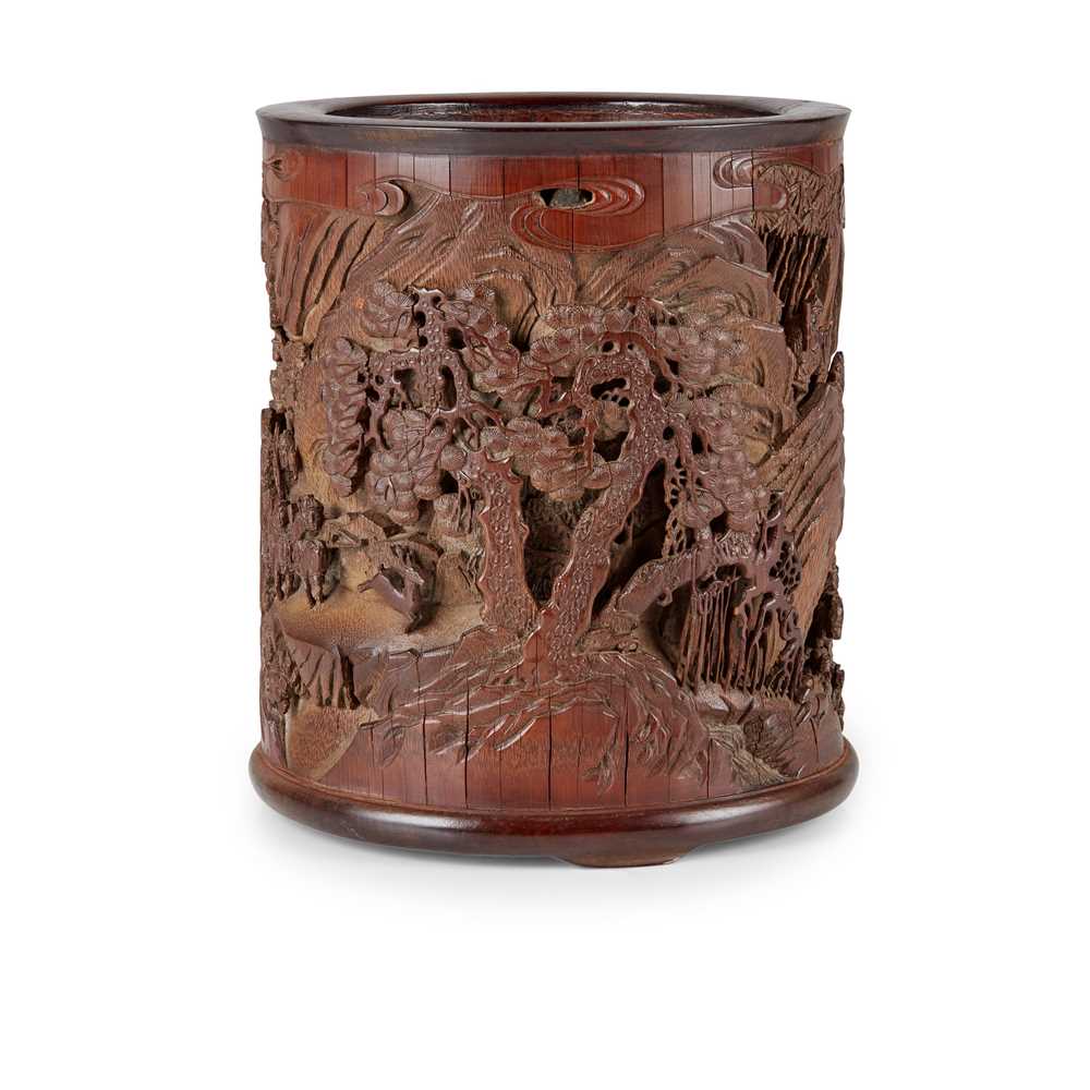 Appraisal: CARVED BAMBOO 'HUNTING' BRUSH POT deeply carved in openwork and