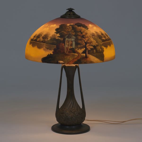 Appraisal: PHOENIX REVERSE PAINTED GAZEBO LAMP x Vase shape base with