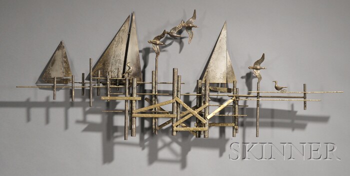 Appraisal: Pier Scene Wall Sculpture Attributed to Curtis Jere Patinated metal