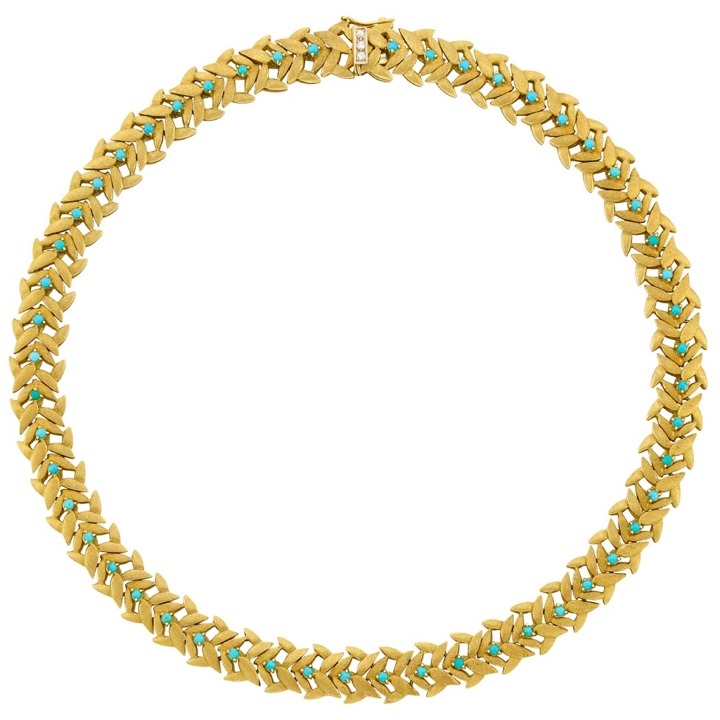 Appraisal: Gold Turquoise and Diamond Necklace Spritzer Fuhrmann kt push-button diamond