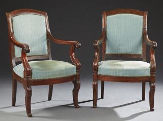 Appraisal: Pair of French Carved Mahogany Restauration Style Upholstered Fauteuils th