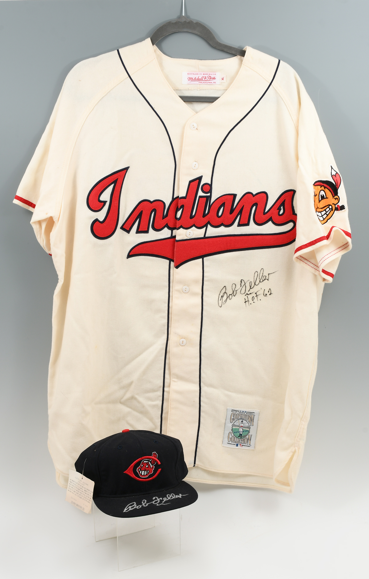 Appraisal: CLEVELAND INDIANS BOB FELLER SIGNED JERSEY AND HAT Mitchell Ness