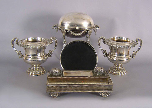 Appraisal: Silver plated standish together with a pair of wine coolers