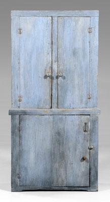 Appraisal: Southern blue-painted step-back cupboard yellow pine throughout shelved interiors undisturbed