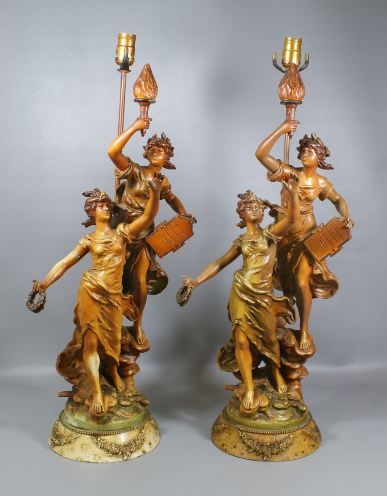 Appraisal: After L F Moreau pr patinated white metal table lamps