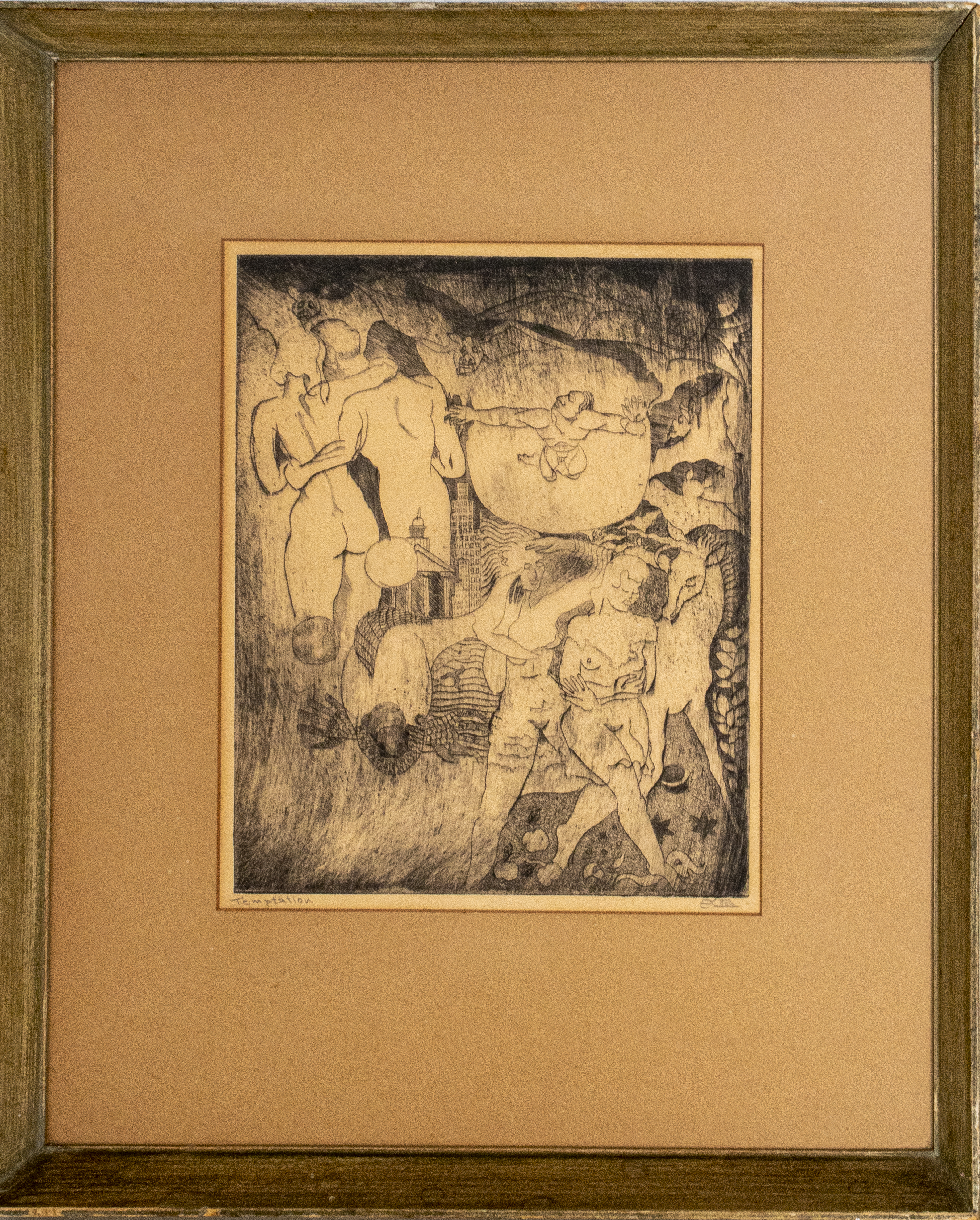 Appraisal: ILLEGIBLY SIGNED TEMPTATION ETCHING Temptation etching featuring dramatic scene of