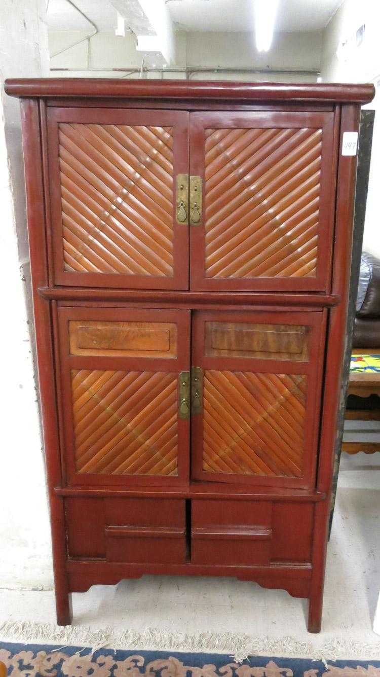 Appraisal: CHINESE CABINET of hardwood construction with brick-red finish the two