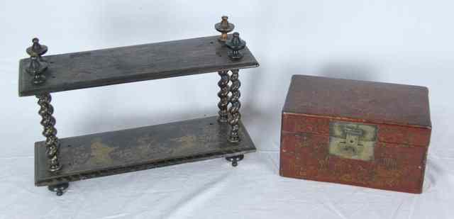 Appraisal: A Chinese lacquered caddy box and a japanned wall shelf