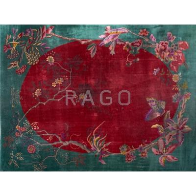 Appraisal: CHINESE ART DECO RUG Vine and leaf design red center