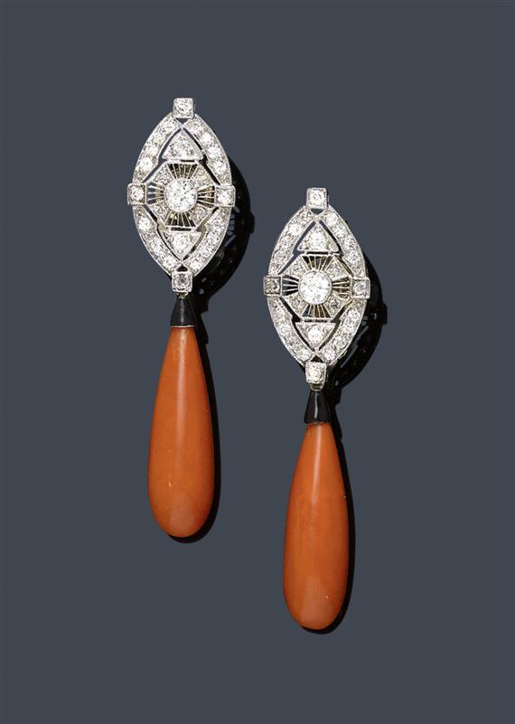 Appraisal: CORAL ENAMEL AND DIAMOND EAR PENDANTS ca Platinum Very decorative