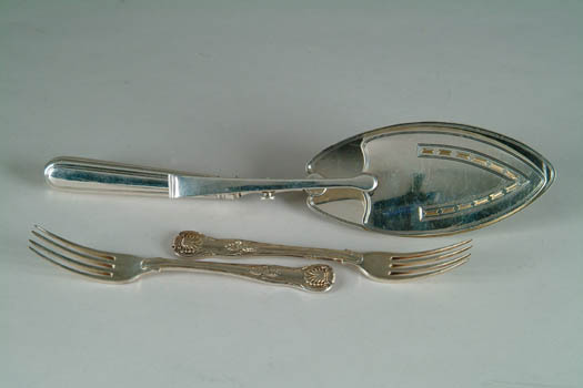 Appraisal: THREE PIECES OF ENGLISH STERLING FLATWARE hollow handled tong like