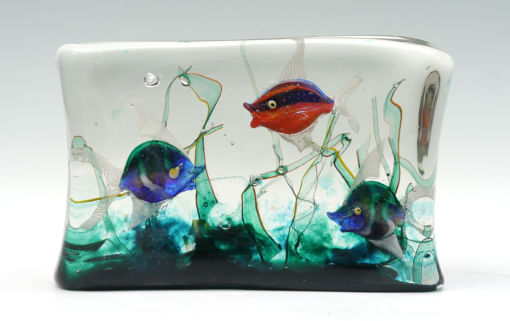 Appraisal: MURANO GLASS FISH AQUARIUM Glass block with fish attributed to