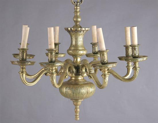 Appraisal: GEORGIAN STYLE ETCHED BRONZE EIGHT-LIGHT CHANDELIER early th century Eight