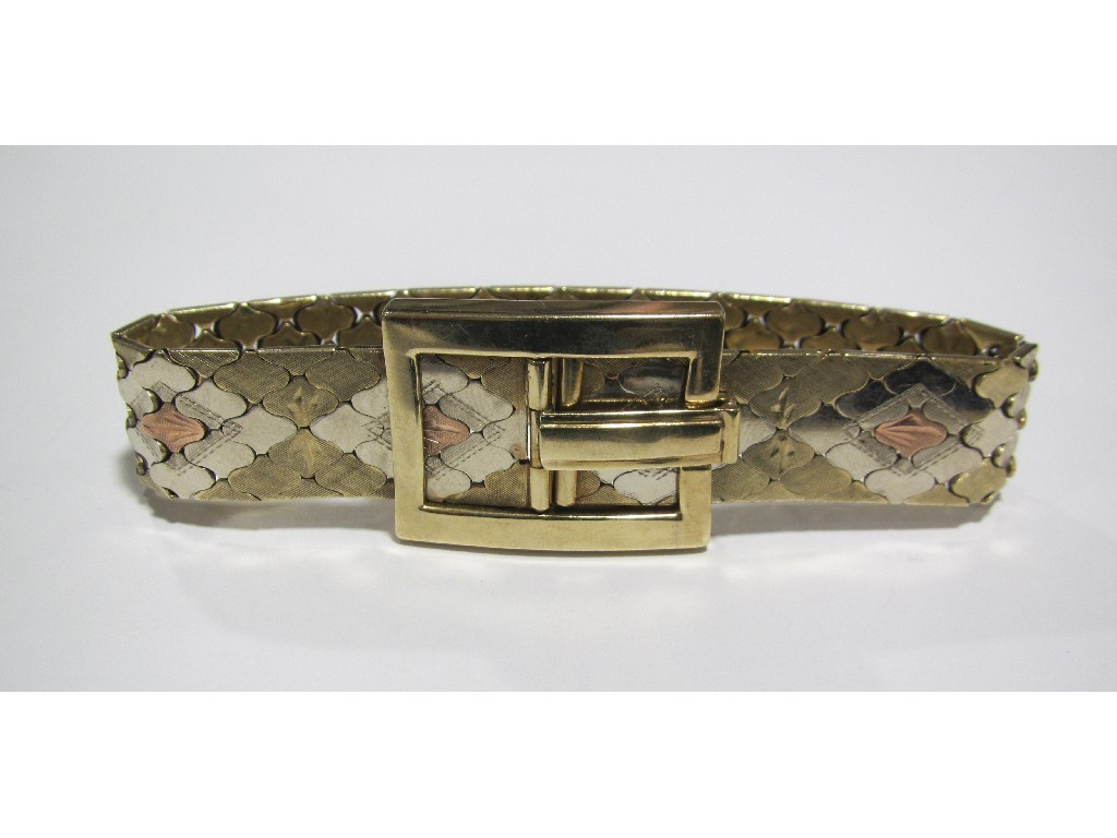 Appraisal: Nine carat tri colour gold buckle bracelet Approximately gms