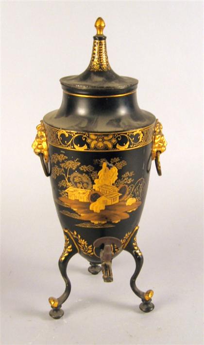 Appraisal: Toleware hotwater urn Regency style Decorated with Chinoiserie scenes on