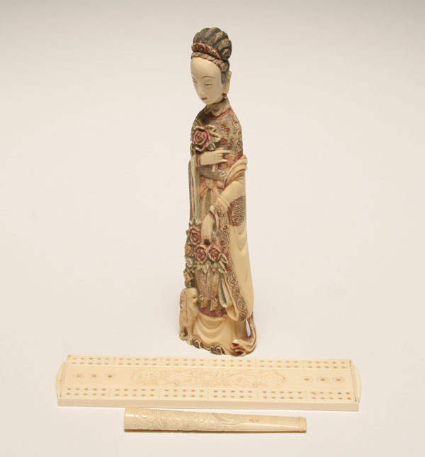 Appraisal: Chinese ivory figure cribbage board and cigarette holder polychrome female