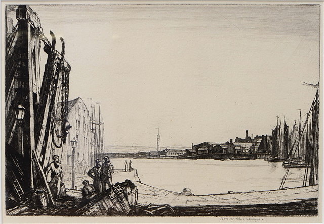 Appraisal: HENRY RUSHBURY - The harbour Lowestoft etching pencil signed in