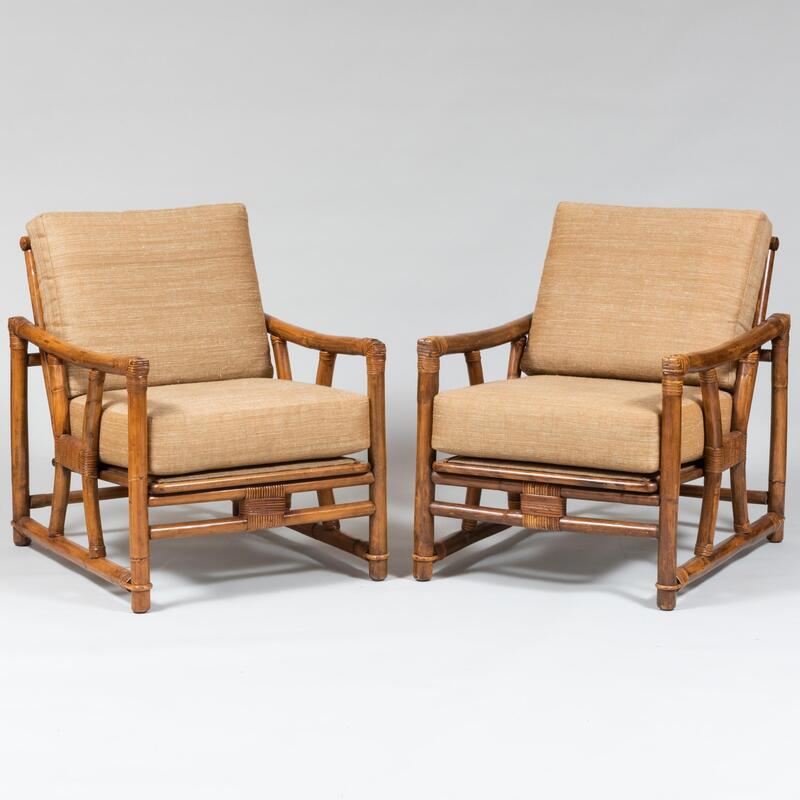 Appraisal: Pair of Ficks Reed Bamboo Armchairs with Jim Thompson Silk