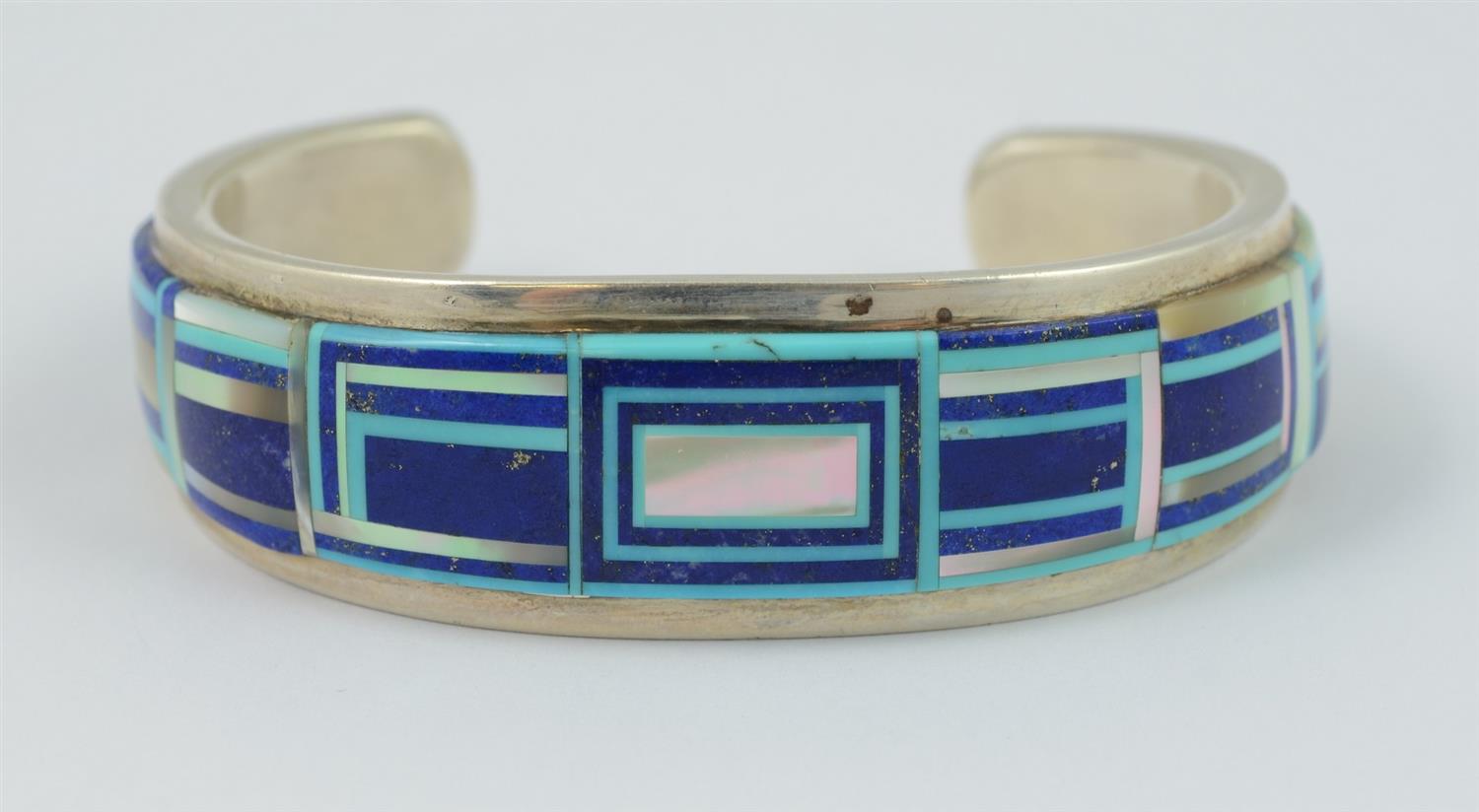 Appraisal: Wilbur Yazzie Navajo sterling cuff bracelet turquoise blue stone abalone