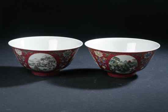 Appraisal: PAIR CHINESE FAMILLE ROSE PORCELAIN BOWLS Qianlong underglazed blue seal