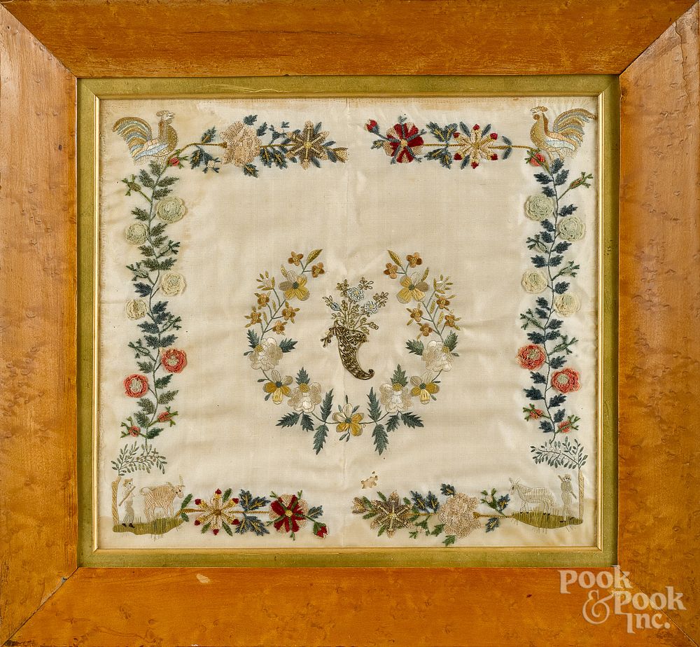 Appraisal: Silk and chenille on silk embroidery th c Silk and