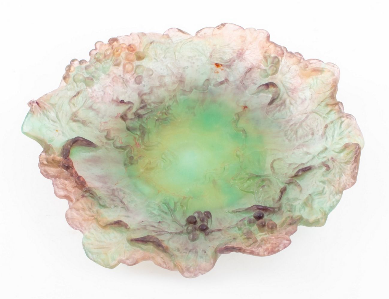 Appraisal: DAUM PATE DE VERRE GREEN PURPLE GRAPE MOTIF TRAY Daum