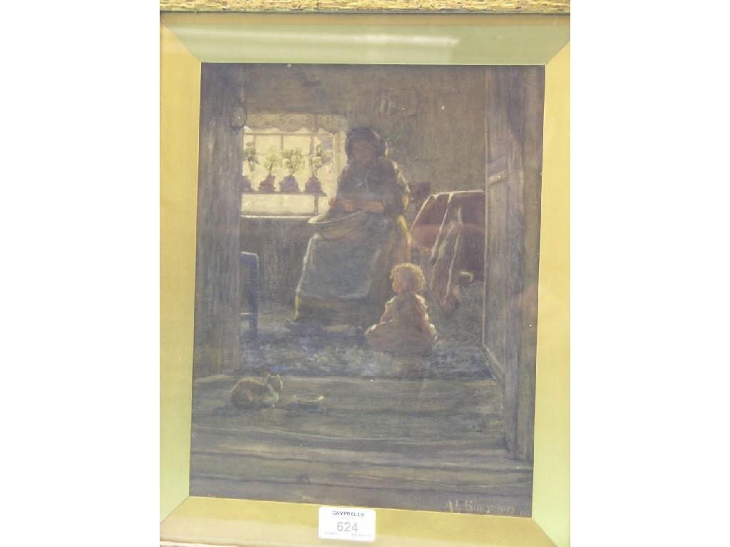 Appraisal: A L Simpson - watercolour interior scene mother at domestic