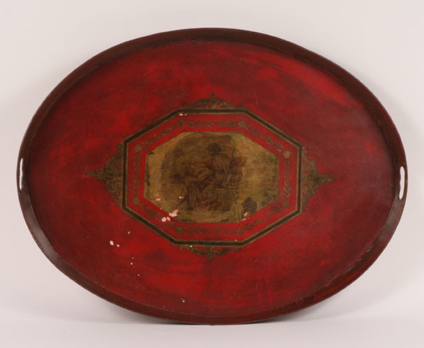 Appraisal: Early tole painted metal tray mythological scene oval shape with