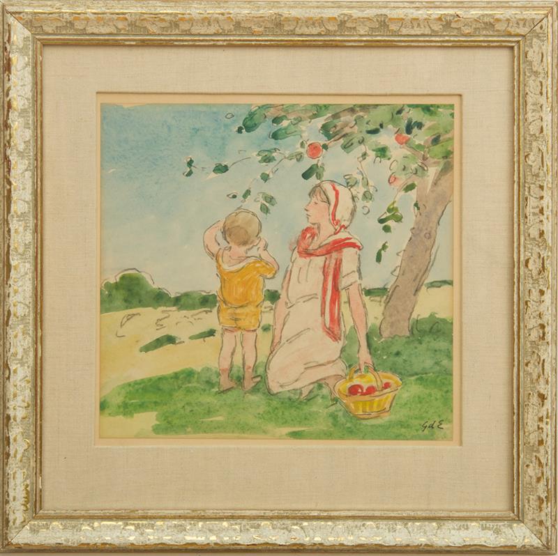 Appraisal: GEORGES D'ESPAGNAT - APPLE PICKING Watercolor and pencil on paper