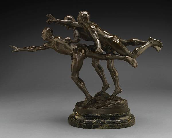 Appraisal: A French patinated bronze figural group Au But cast after