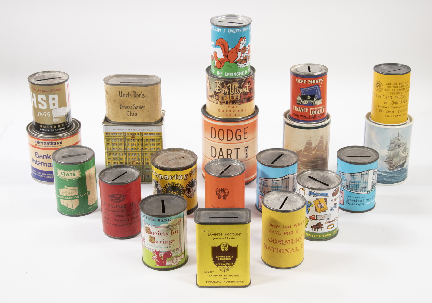 Appraisal: VINTAGE TIN ADVERTISING STILL BANKS Most are Tin Litho Cans