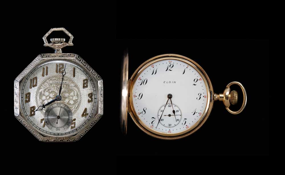 Appraisal: Two Gold Pocket Watches one octagonal open-face Waltham satin and