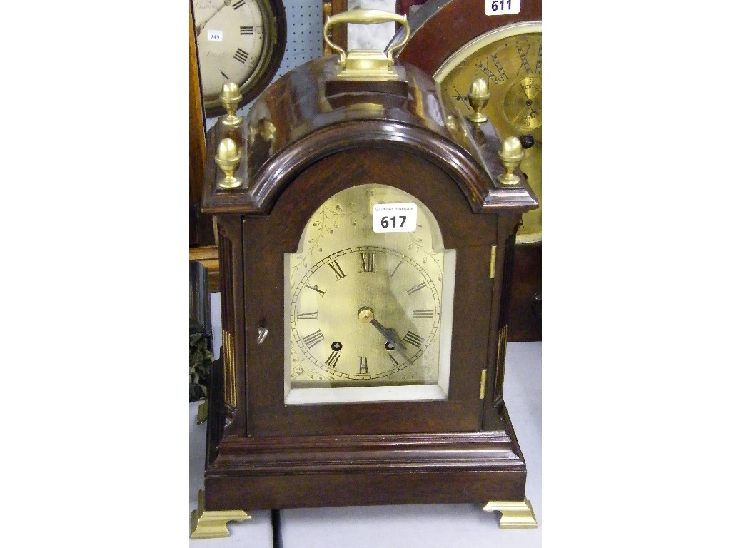 Appraisal: French mahogany two train bracket clock the movement striking on