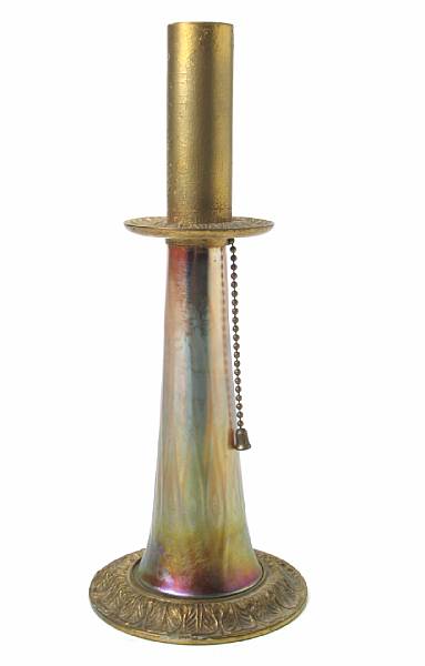 Appraisal: A Tiffany Furnaces Favrile glass and gilt bronze candlestick lamp