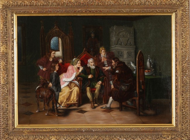 Appraisal: Scene depicting several figures seated in interior court setting oil