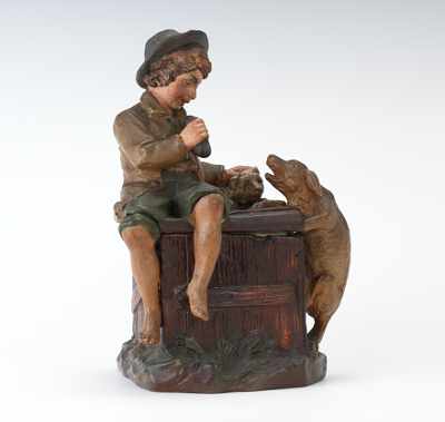 Appraisal: Full Figural Humidor of Seated Boy with Dog Cat and