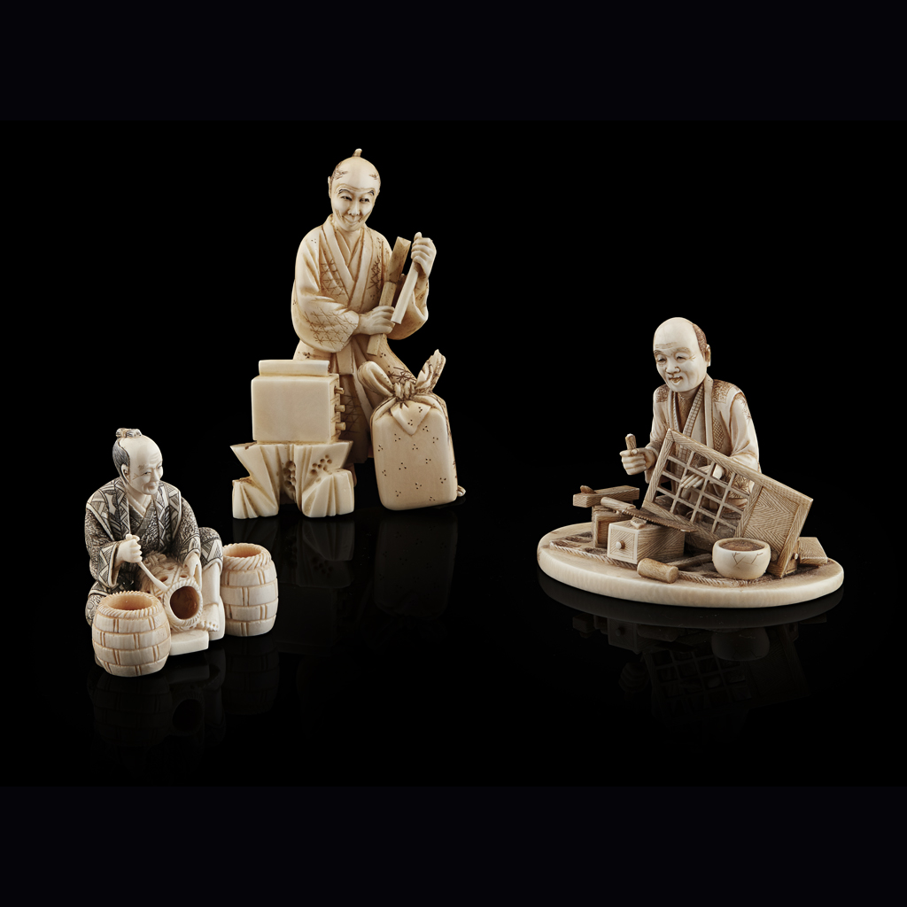 Appraisal: YGROUP OF THREE IVORY NETSUKE AND OKIMONO MEIJI PERIOD comprising