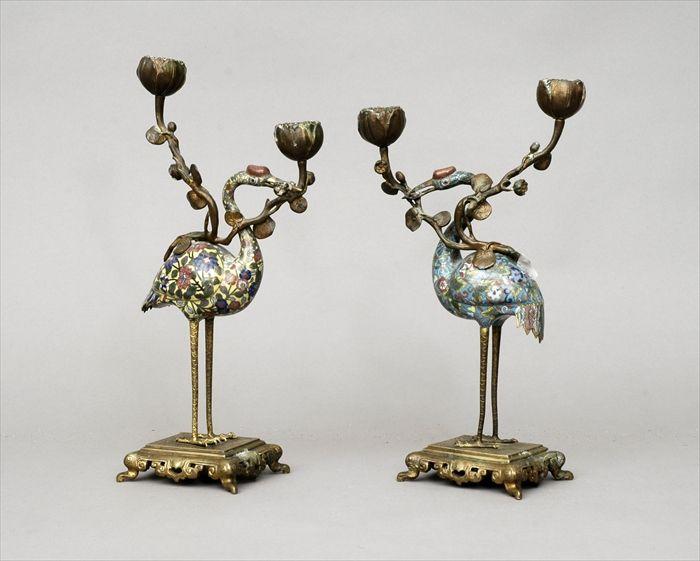 Appraisal: Pair of Chinese Cloisonn Enamel Bird-Form Two-Light Candelabra to in