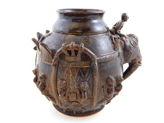 Appraisal: ASIAN th C Sawankhalok Thai brown glazed jar with figural