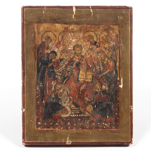 Appraisal: RUSSIAN ICON OF JESUS AND SAINTS x Tempera on gessoed