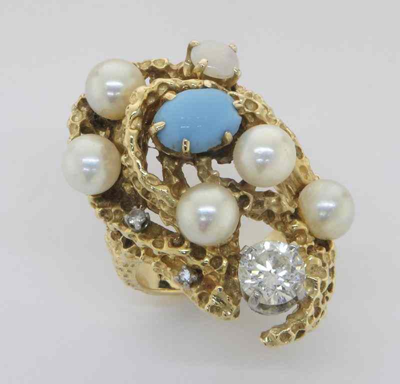 Appraisal: Retro K gold diamond pearl and opal ringhaving a round